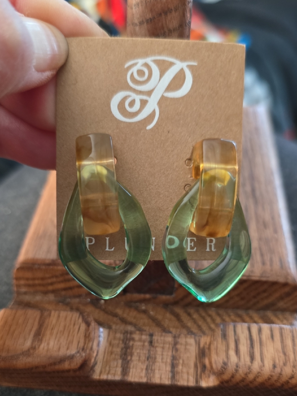 Plunder Olive Green & Amber Resin Loop Earrings